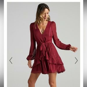 Showpo Long Sleeve Ruffle Mini Dress - Wine